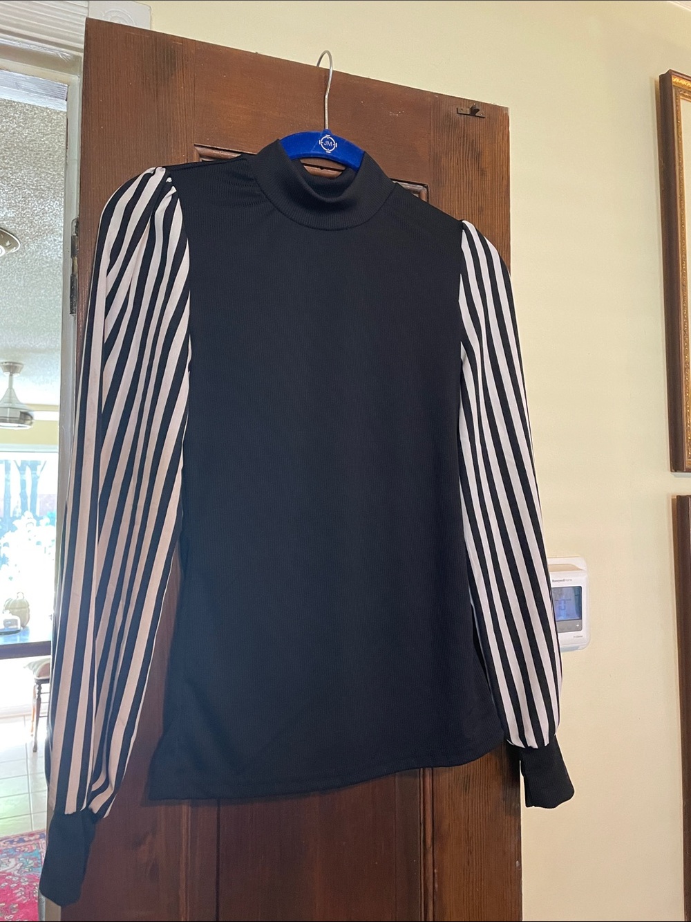 SHEIN Black Turtleneck Sweater with Black and White Striped Balloon Sleeves